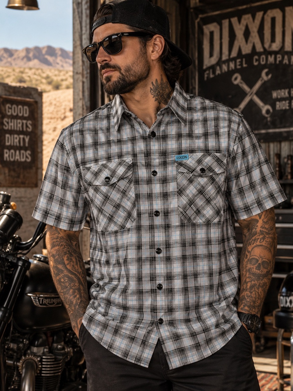 DIXXON Vagabond Bamboo Short Sleeve Plaid Snap Shirt Menโs M Gray Black